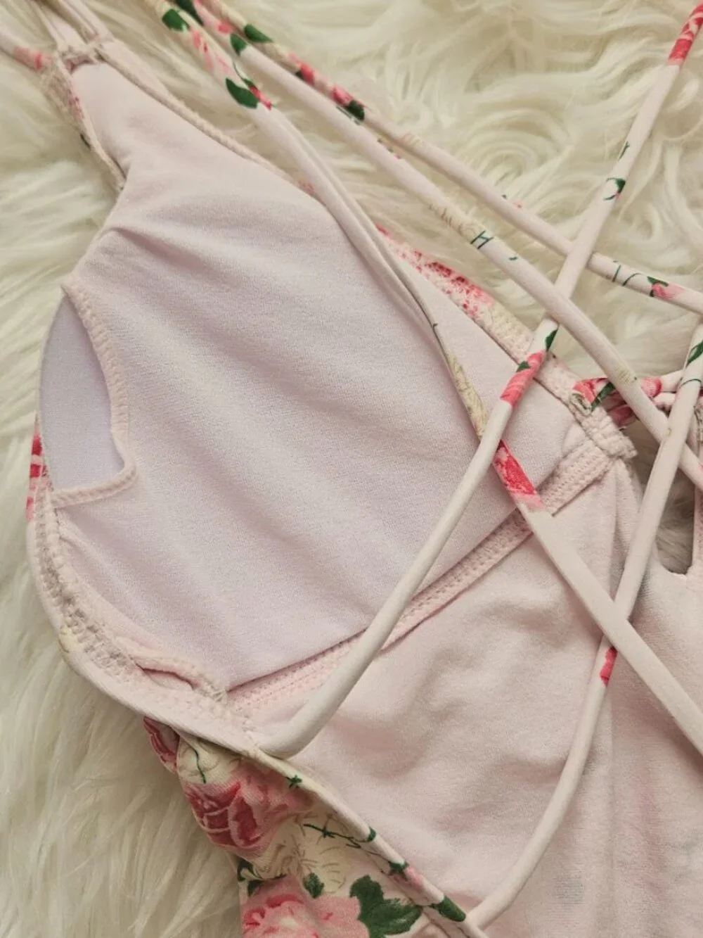 Pink Rose Printed Tassel Strappy Low Back Floral One Piece Swimsuit Small Kawaii